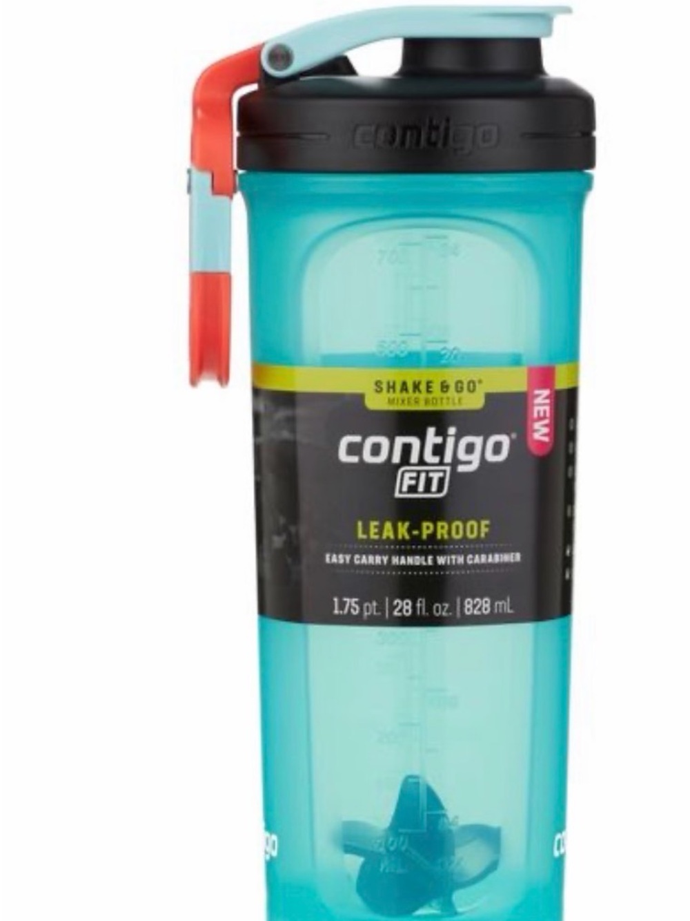 Contigo teal shaker bottle with coral handle and black lid
